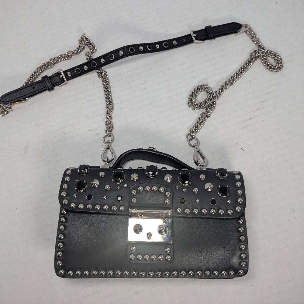 Girdear 1977 studded rhinestone black leather handbag